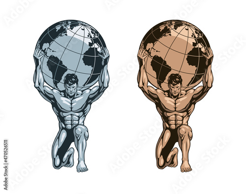 Atlas or Titan holding the globe on his shoulders. Bodybuilder athlete statue, gold or bronze and iron versions. Vector illustration. photo