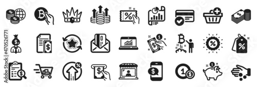Set of Finance icons, such as Donation money, Discount coupon, Market seller icons. Credit card, Manager, Budget signs. Saving money, Atm service, Loan percent. Savings, Bitcoin project. Vector