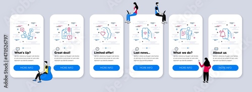 People icons set. UI phone app screens with teamwork. Included icon as Internet app, Heart, Online voting signs. Search employee, Job interview, Alarm clock line icons. Vector