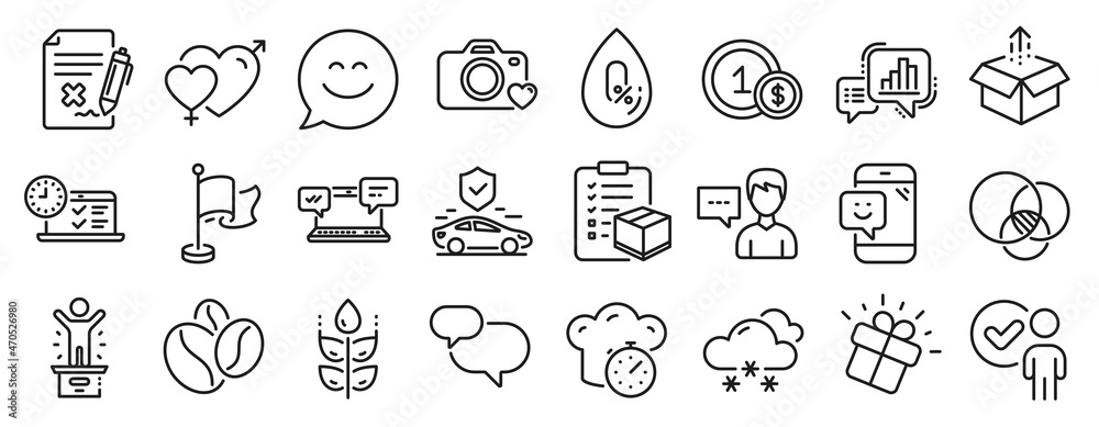 Set of Business icons, such as Snow weather, Smile chat, Winner podium icons. Male female, Gift, Verification person signs. Graph chart, Send box, Flag. Smile, Photo camera, No alcohol. Vector