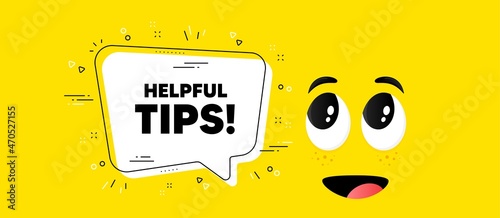 Helpful tips text. Cartoon face chat bubble background. Education faq sign. Help assistance symbol. Helpful tips chat message. Character smile face background. Vector