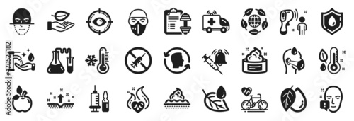 Set of Healthcare icons, such as Cardio bike, Face attention, Low thermometer icons. Blood donation, Eco food, Leaf signs. Skin care, Clean skin, Chemistry lab. Eco organic, Thermometer. Vector