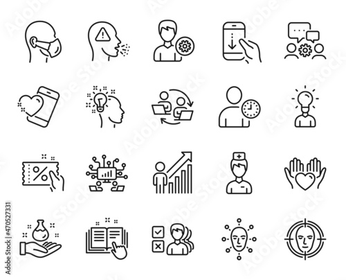 Vector set of Support, Face biometrics and Time management line icons set. Engineering team, Cough and Scroll down icons. Hold heart, Employee result and Doctor signs. Support web symbol. Vector