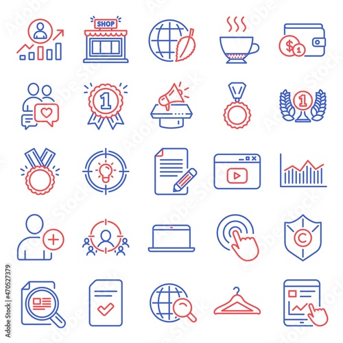 Line icons set. Included icon as Internet search, Business targeting, Add user signs. Shop, Career ladder, Laureate award symbols. Honor, Dating chat, Copyright protection. Internet report. Vector