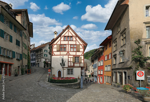 View of medieval half-timbered buildings on winding cobbled streets. Baden, canton of Aargau, Switzerland.