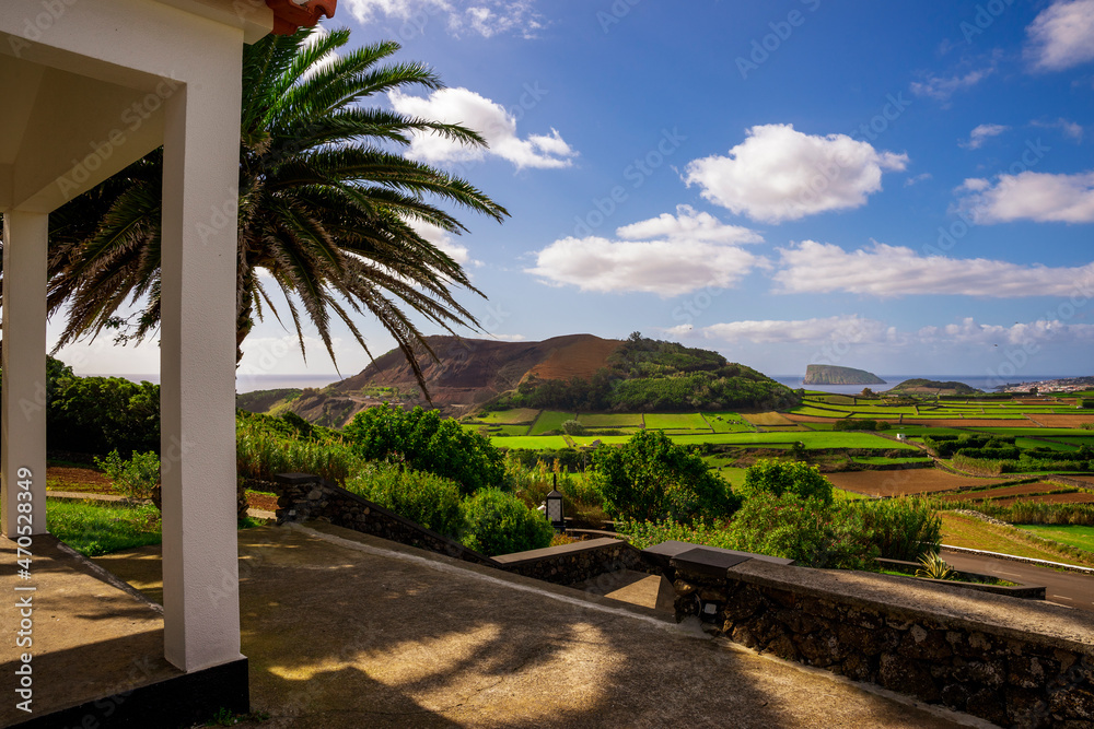 Zielony krajobraz typowy dla wyspy Terceira, Azory. 