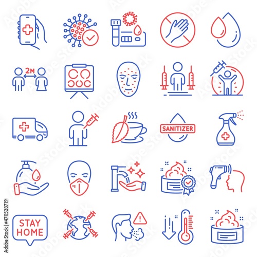 Medical icons set. Included icon as Wash hands, Covid test, Vaccine protection signs. Face biometrics, World vaccination, Social distancing symbols. Cough, Low thermometer, Health app. Vector