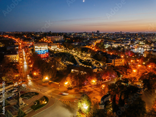 Night Sevastopol skyline, aerial view of Nakhimov Square