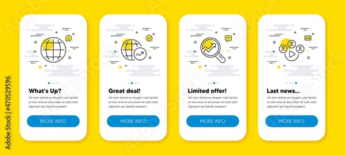 Vector set of Globe, World statistics and Analytics line icons set. UI phone app screens with line icons. Video conference icon. Internet world, Global report, Audit analysis. Remote business. Vector