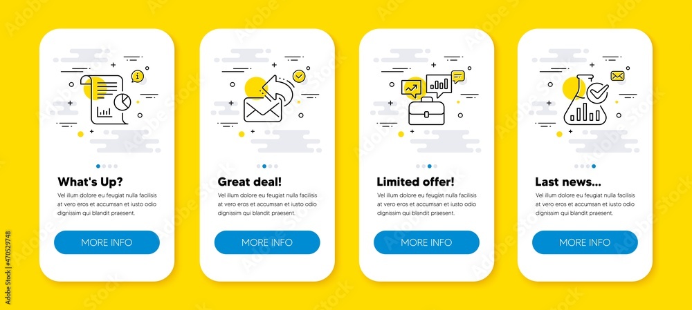 Vector set of Business portfolio, Share mail and Report line icons set. UI phone app screens with line icons. Chemistry lab icon. Job interview, New e-mail, Work analysis. Laboratory flask. Vector