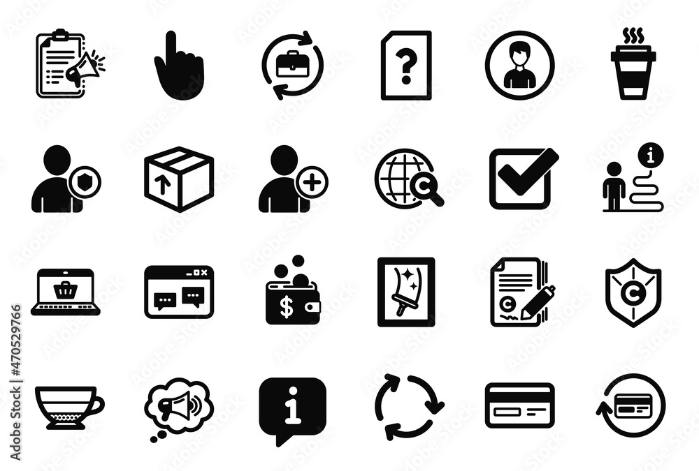 Vector Set of simple icons related to Hand click, Credit card and Megaphone checklist icons. Recycling, Add user and Human resources signs. Info bubble, journey path. Hand click isolated sign. Vector Vector Set of simple icons related to Hand click, Credit card and Megaphone checklist icons. Recycling, Add user and Human resources signs. Info bubble, journey path. Hand click isolated sign. Vector