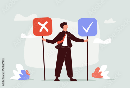 Business decision right or wrong, true or false, correct and incorrect, moral choosing option concept, thoughtful.
