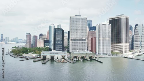 Aerial Manhattan view downtown New York city. Staten Island Ferry to NYC. Urban life, modern city in America. office buildings, apartments in Manhattan. Drone 4k.