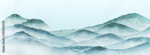 Fotografie, Obraz Minimalistic watercolor landscape with hills and mountains in blue and green colors