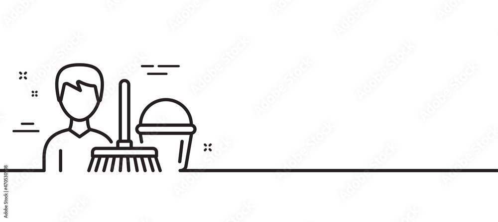 Cleaning service line icon. Bucket with mop symbol. Washing Housekeeping equipment sign. Minimal line illustration background. Cleaning service line icon pattern banner. Vector Cleaning service line icon. Bucket with mop symbol. Washing Housekeeping equipment sign. Minimal line illustration background. Cleaning service line icon pattern banner. Vector