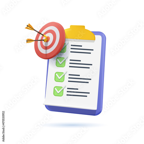 Assignment target icon. Clipboard, checklist symbol. 3d vector illustration. Project task management and effective time
