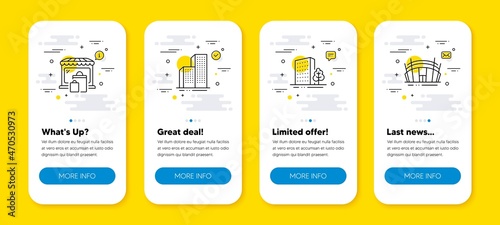 Vector set of Skyscraper buildings, Market and Buildings line icons set. UI phone app screens with line icons. Arena stadium icon. Town architecture, Shopping bags, City architecture. Vector