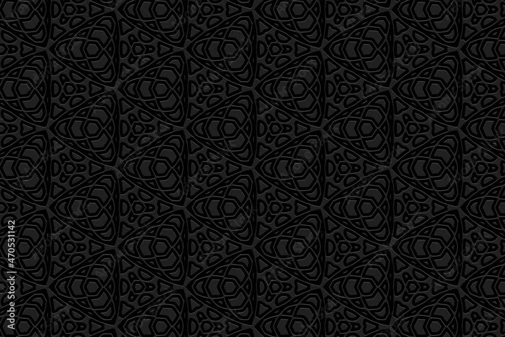 Embossed black background design with folk art elements. Modern texture with geometric volumetric convex ethnic 3D pattern . Vector graphic template for business background, magazine layout. 