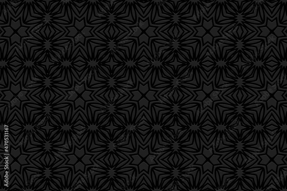 Embossed black background design with folk art elements. Decorative texture with geometric volumetric convex ethnic 3D pattern.Vector graphic template for business background, magazine layout. Embossed black background design with folk art elements. Decorative texture with geometric volumetric convex ethnic 3D pattern.Vector graphic template for business background, magazine layout.