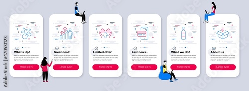 Vector Set of Business icons related to Online shopping, Wine bottle and Clean bubbles icons. UI phone app screens with teamwork. Wash hands, Employee results and Get box line symbols. Vector