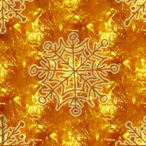 Seamless winter pattern. Hand-drawn snowflakes on a blurred gold foil background. Raster holiday illustration.