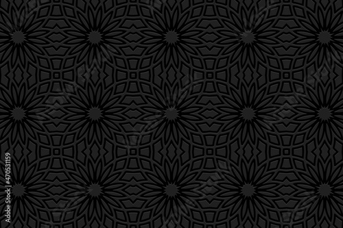 Embossed black background design with folk art elements. Floral texture with geometric volumetric convex ethnic 3D pattern.Vector graphic template for business background, magazine layout.