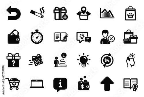 Vector Set of simple icons related to Diploma, Remove account and Investment graph icons. Brand ambassador, Laptop and Undo signs. Smoking, Wallet and Timer. Upload, Idea lamp and Add gift. Vector photo