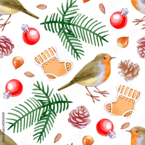 Hand drawn vector christmas seamless pattern with birds and festive elements isolated on white background.