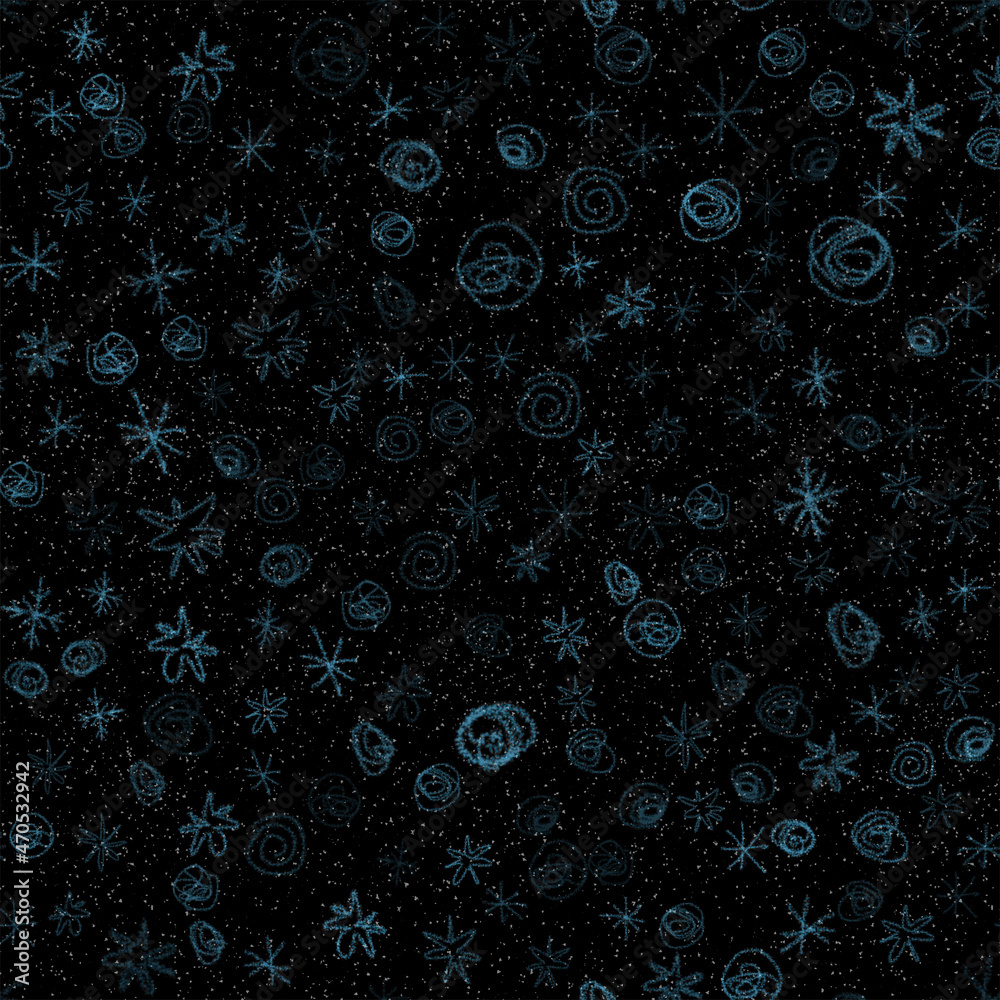 Hand Drawn Snowflakes Christmas Seamless Pattern. Subtle Flying Snow Flakes on chalk snowflakes Background. Authentic chalk handdrawn snow overlay. Amazing holiday season decoration.