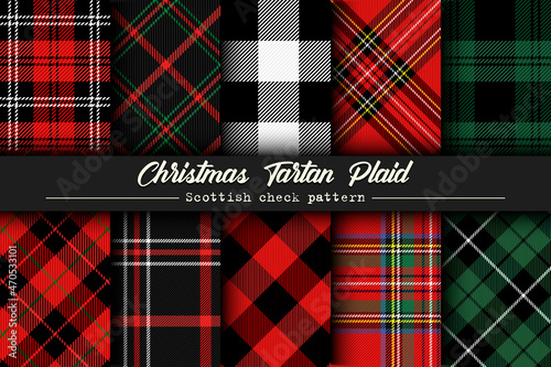 Set Christmas tartan plaid. Scottish pattern in red, black and green cage. Scottish cage. Traditional Scottish checkered background. Seamless fabric texture. Vector illustration