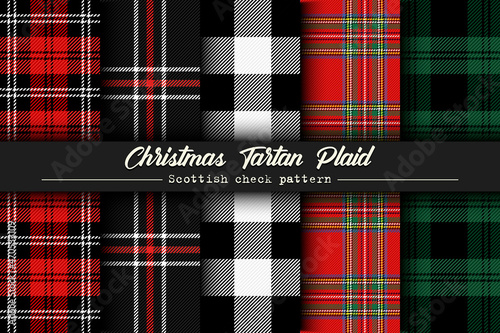 Set Christmas tartan plaid. Scottish pattern in red, black and green cage. Scottish cage. Traditional Scottish checkered background. Seamless fabric texture. Vector illustration