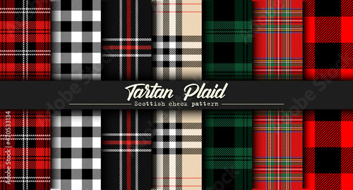 Set Christmas tartan plaid. Scottish pattern in red, black and green cage. Scottish cage. Traditional Scottish checkered background. Seamless fabric texture. Vector illustration