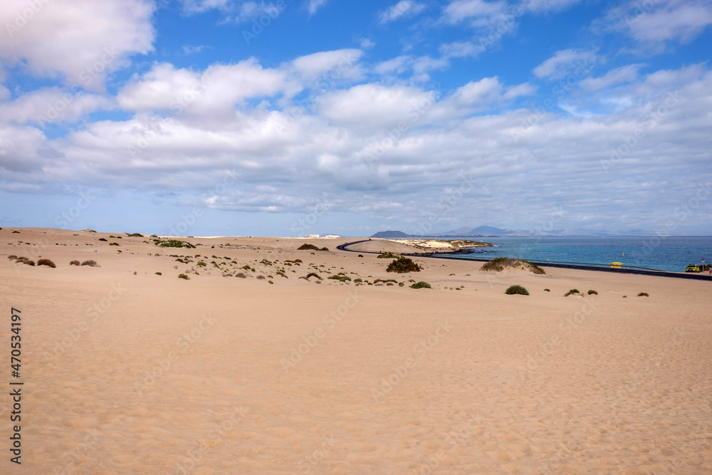 View on the sand dunes of Corralejo on the Canary Island Fuerteventura.