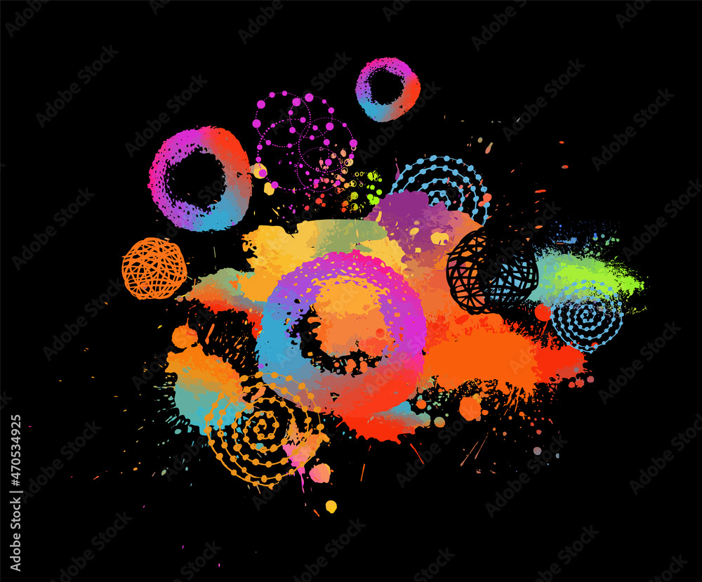 multicolored blots objects on black background . vector illustration