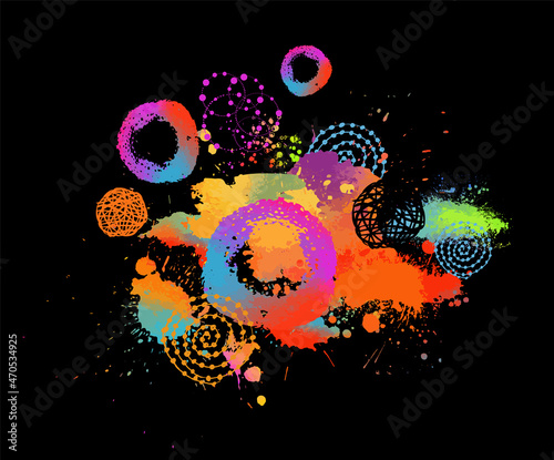 multicolored blots objects on black background . vector illustration