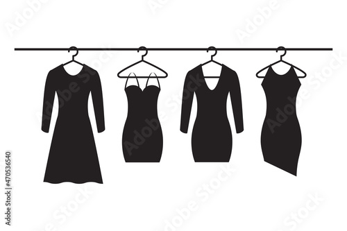 Dress hanging on hanger, black dresses isolated on white background, vector illustration.