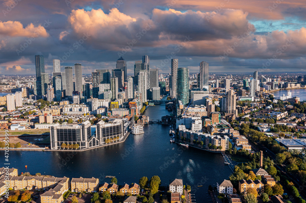 Aerial panoramic view of the Canary Wharf business district in London, UK. Financial district in London.