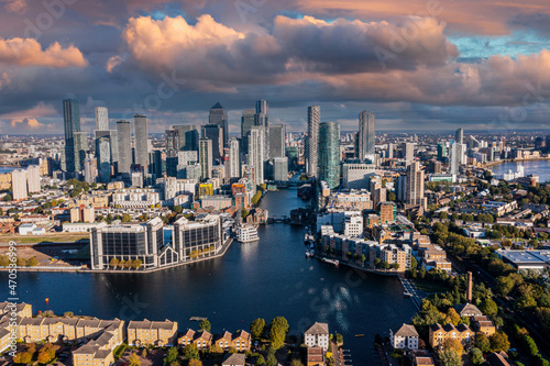 Aerial panoramic view of the Canary Wharf business district in London, UK. Financial district in London. © Aerial Film Studio