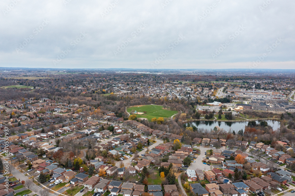 Drone photo of Brampton by Hurontario and the 410 and sandalwood parkway  loafers lake  and Turnberry golf club in view 