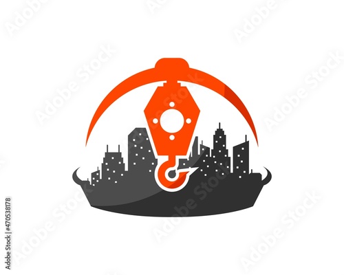 Safety helmet with city building silhouette and crane inside
