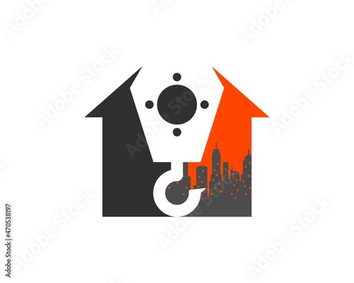 Simple house with construction crane and building silhouette
