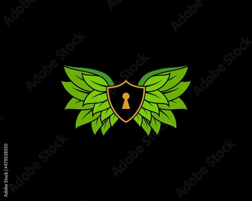 Shield protection with nature leaf wings logo