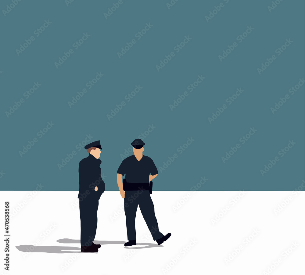 Fototapeta premium Police office couple in the uniform standing on street vector illustration. Professional occupation.