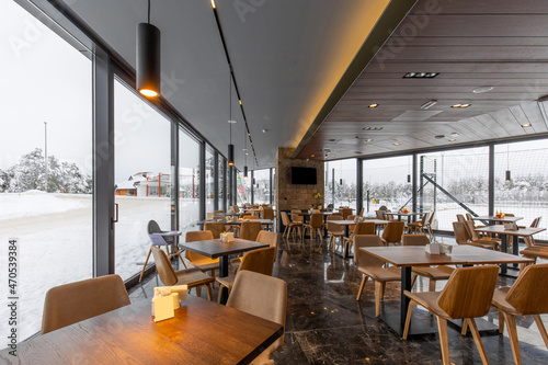 Interior of a modern mountain restaurant