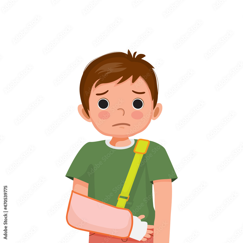 Little boy with broken arm in bandage wearing arm sling after accident. Little boy with broken arm in bandage wearing arm sling after accident.