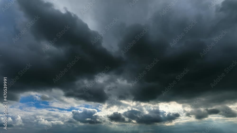 Fast moving dark clouds on the blue sky. Dark clouds time lapse landscape.