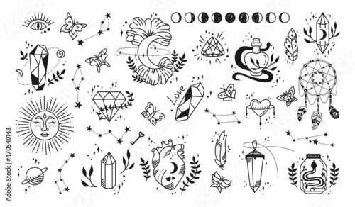 Mystic and astrology, witch magic symbols doodle set. Esoteric, boho hand drawn elements, magic witchcraft crystal, moon star icon, dreamcatcher sign. For tattoo, sticker, print fantasy occult vector