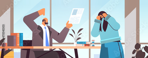 angry boss scolding depressed businesswoman for mistake discrimination corporate conflict mental health unemployment