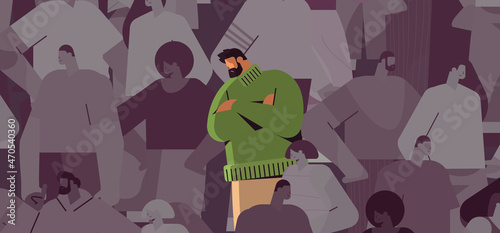 tired depressed man standing out from crowd guy feeling desperate mental health diseases depression concept horizontal portrait vector illustration