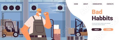 warehouse worker in uniform smoking cigarette man smokes at work bad habits unhealthy lifestyle concept